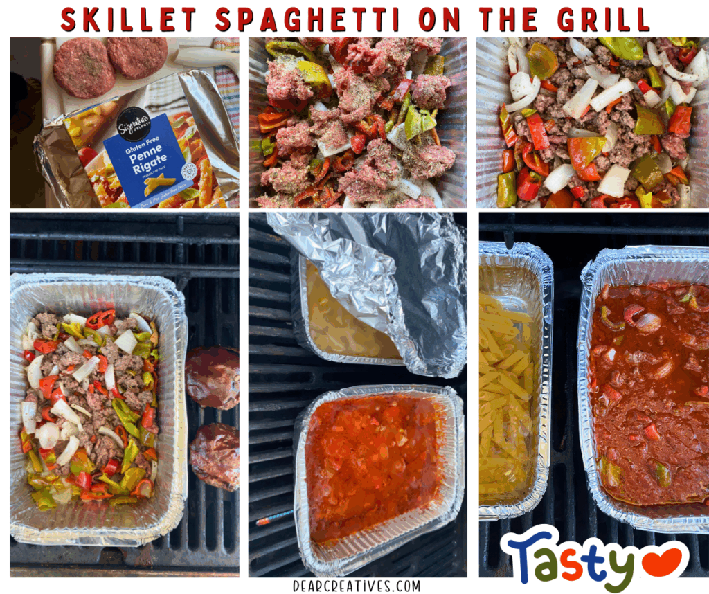 Step-by-Step images of making Skillet Spaghetti on the Grill. ground beef and peppers grilling, cooking pasta noodles and sauce, and secondary meal burgers.