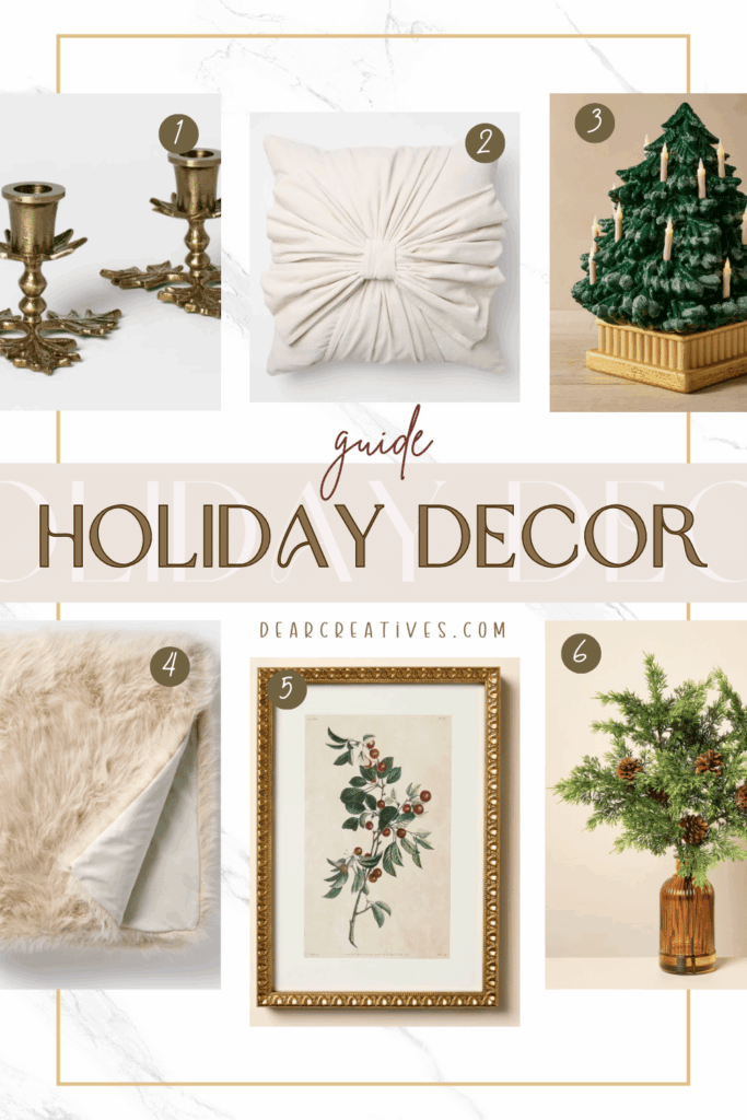 candle sticks, throw pillows, faux fur throw blanket, framed prints, vases with greenery, lit up Christmas tree decoration... affordable Target Christmas decor