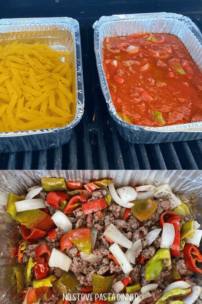 skillet pasta cooked on the grill or you can cook the grill. pasta noodles cooking on one side and pasta sauce on the other side, both in aluminum pans, and bottom photo of grilling the ground beef