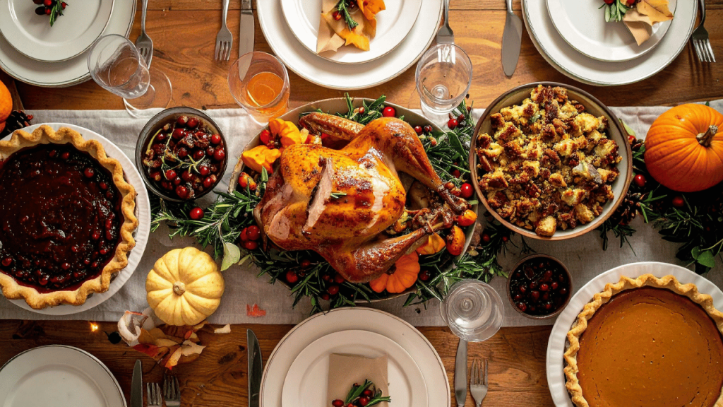 A festive Thanksgiving dinner table showing the centerpiece roast turkey, surrounded by side dishes including stuffing, cranberry sauce, and two homemade dessert pies.