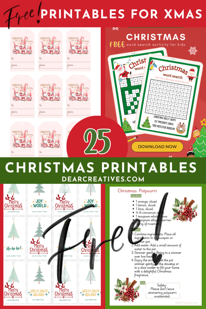 a sampling of pretty Christmas gift tags, Christmas word puzzles for kids, a printable Christmas potpourri recipe. 15 Assorted free Christmas printables