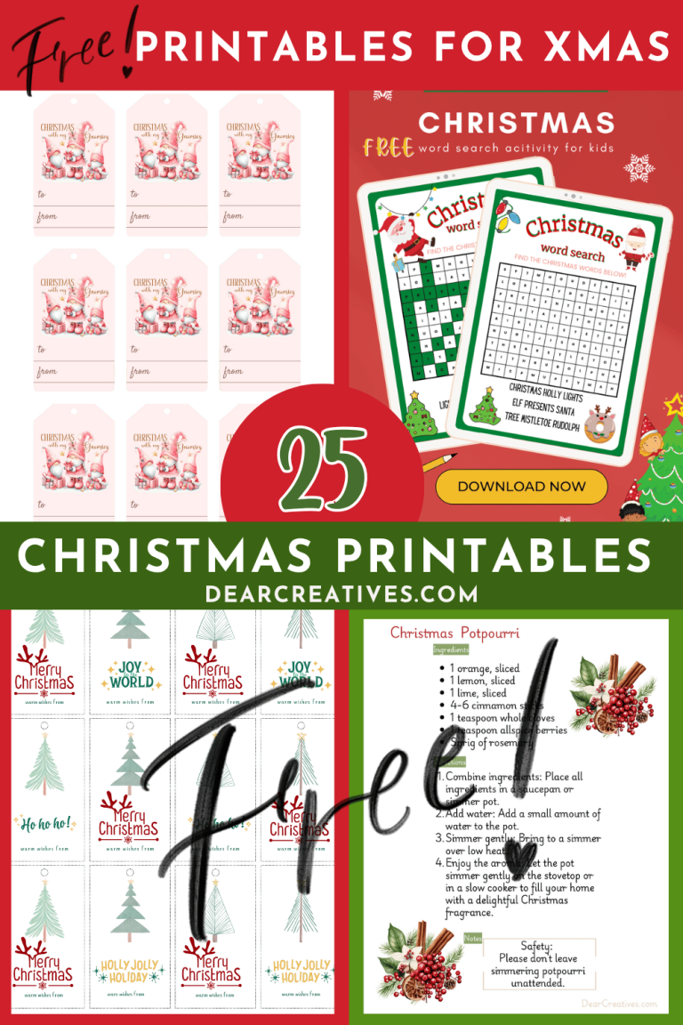 a sampling of pretty Christmas gift tags, Christmas word puzzles for kids, a printable Christmas potpourri recipe. 15 Assorted free Christmas printables