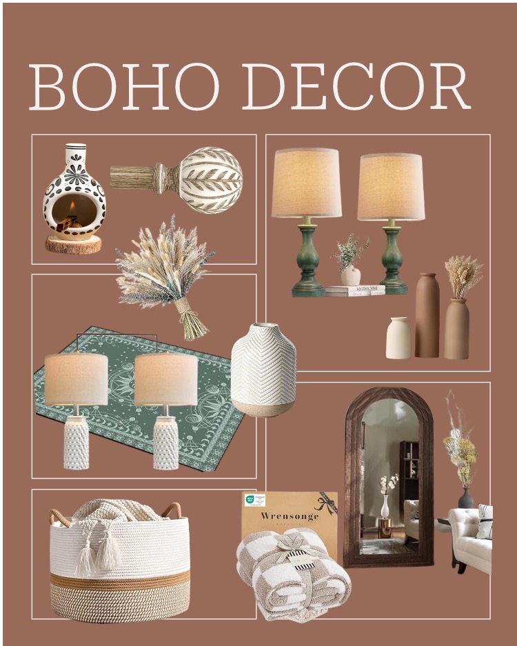 Cozy Boho Home Decor beautiful lamps, vase with pampas grass, woven basket, cozy blanket, wood framed mirror, neutral colors vases set, smudge burner, pretty curtain rod with natural design.