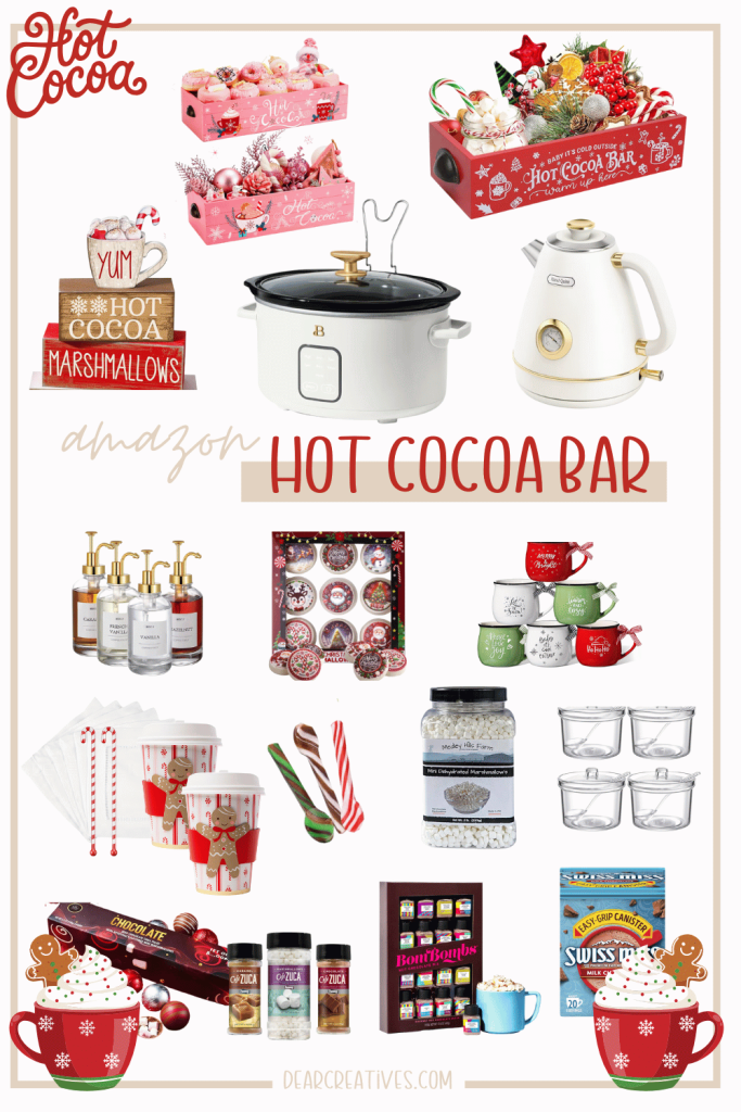 DIY Hot Cocoa Bar Kit featuring a slow cooker, custom mugs, marshmallow bombs, candy stirrers, and syrup pumps with gourmet toppings in glass jars.