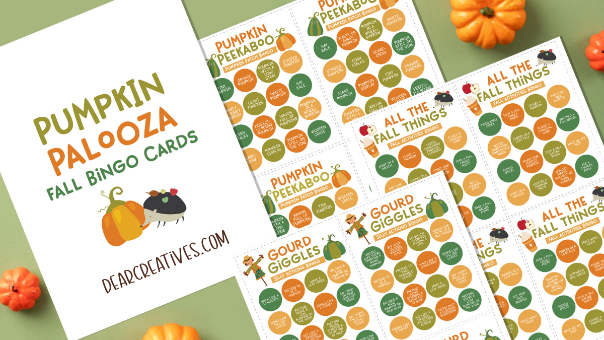 Fall-themed printable bingo cards for preschool and elementary activities, featuring pumpkins and seasonal items