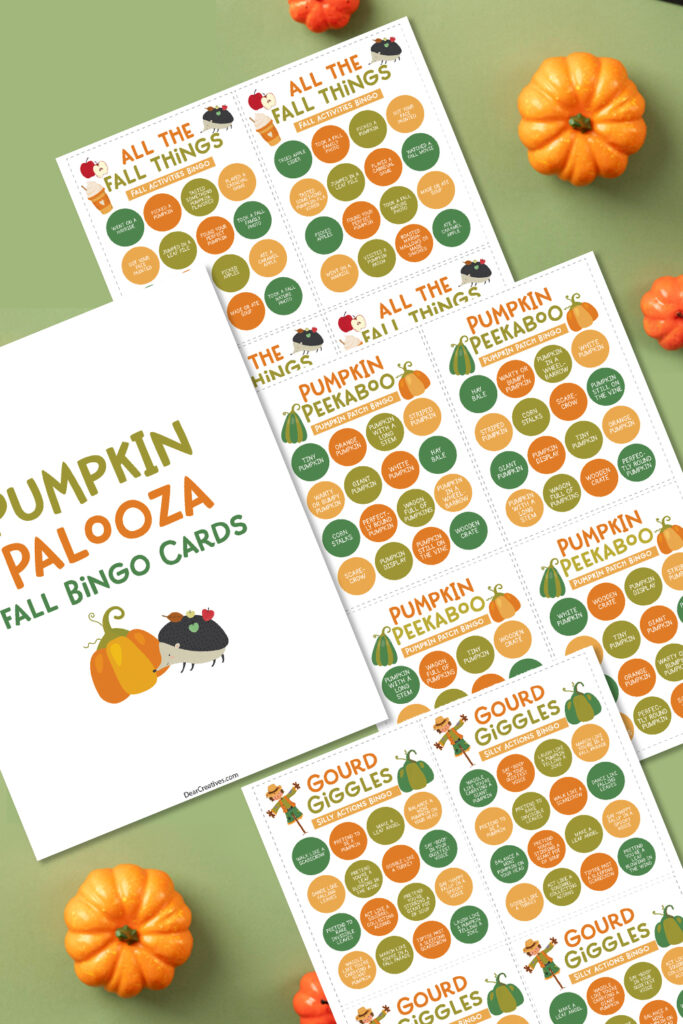 Pinnable Image for set of 3 free fall activity bingo printables ready to be cut and laminated for preschool and elementary games.