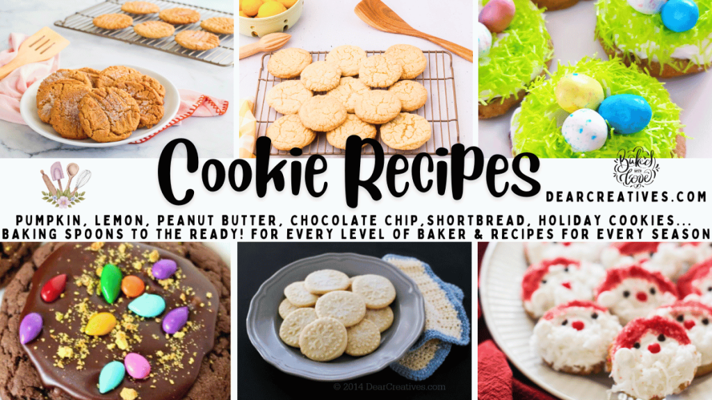 Collage of six cookie varieties: pumpkin peanut butter, lemon crinkle, bird's nest, chocolate almond, shortbread, and festive Santa holiday cookies, illustrating a collection of baking recipes.