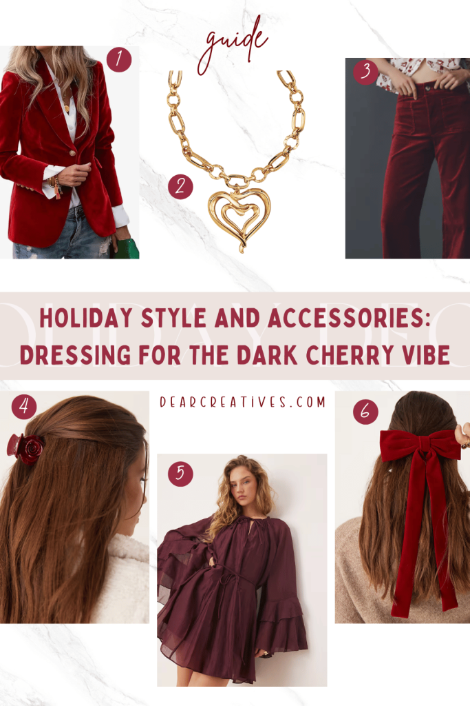 Womens velvet blazer, gold chunky jewelry with hearts, Velvet burgundy pants, hair accessory, flowy boho burgundy dress, big red velvet burgundy bow