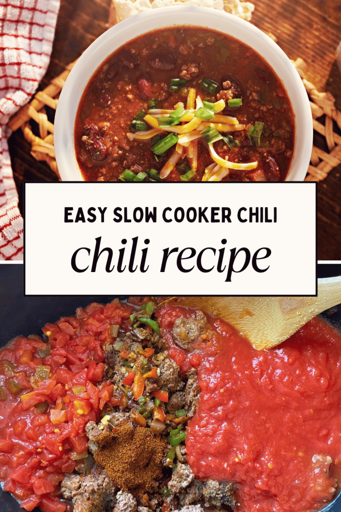closeup of chili with ground beef, beans and garnish in a bowl. Image tomato sauce, ground beef, beans, spices, onion, garlic... with a spoon ready to stir and cook in the slow cooker.