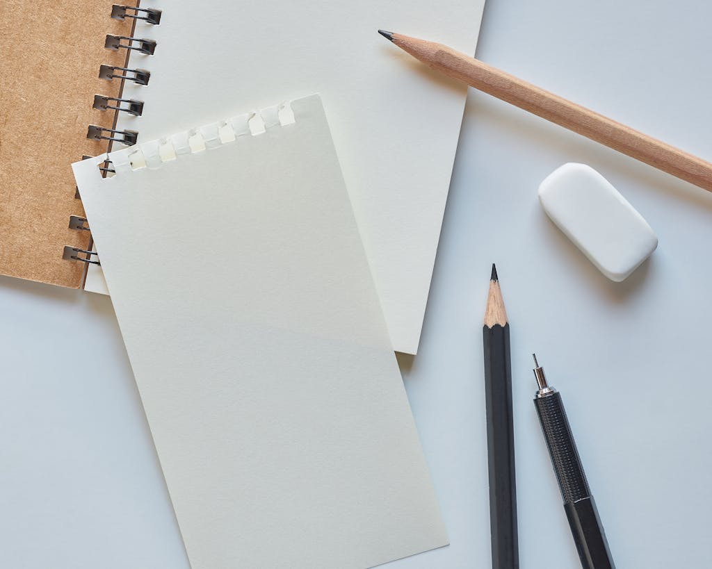 supplies for drawing journal paper, pencils, eraser for drawing