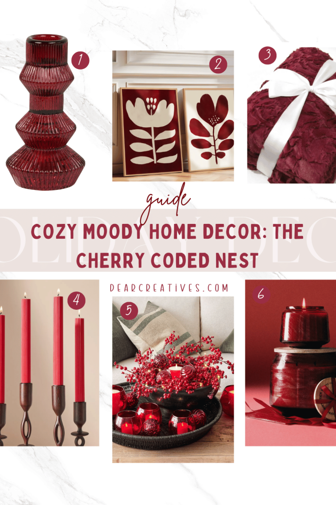 retro vase or candle holder, deep burgundy floral prints, a cozy dark burgundy throw, deep red candle sticks, mercury glass burgundy ornaments, a pretty dark burgundy throw blanket, burgundy with frosted glass jar candles.