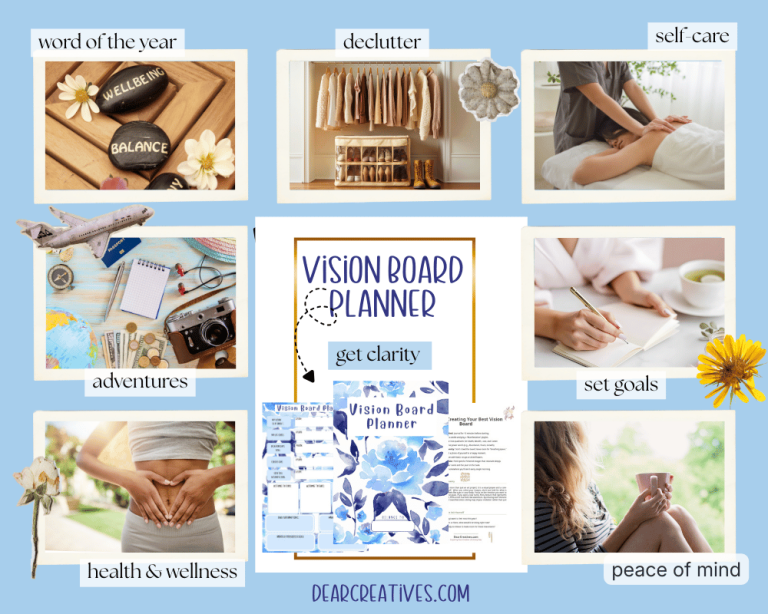 Aesthetic digital vision board kit mockup on light blue background with goals and a variety of sections: self care, word of the year, adventure, set goals, and a wellness sections