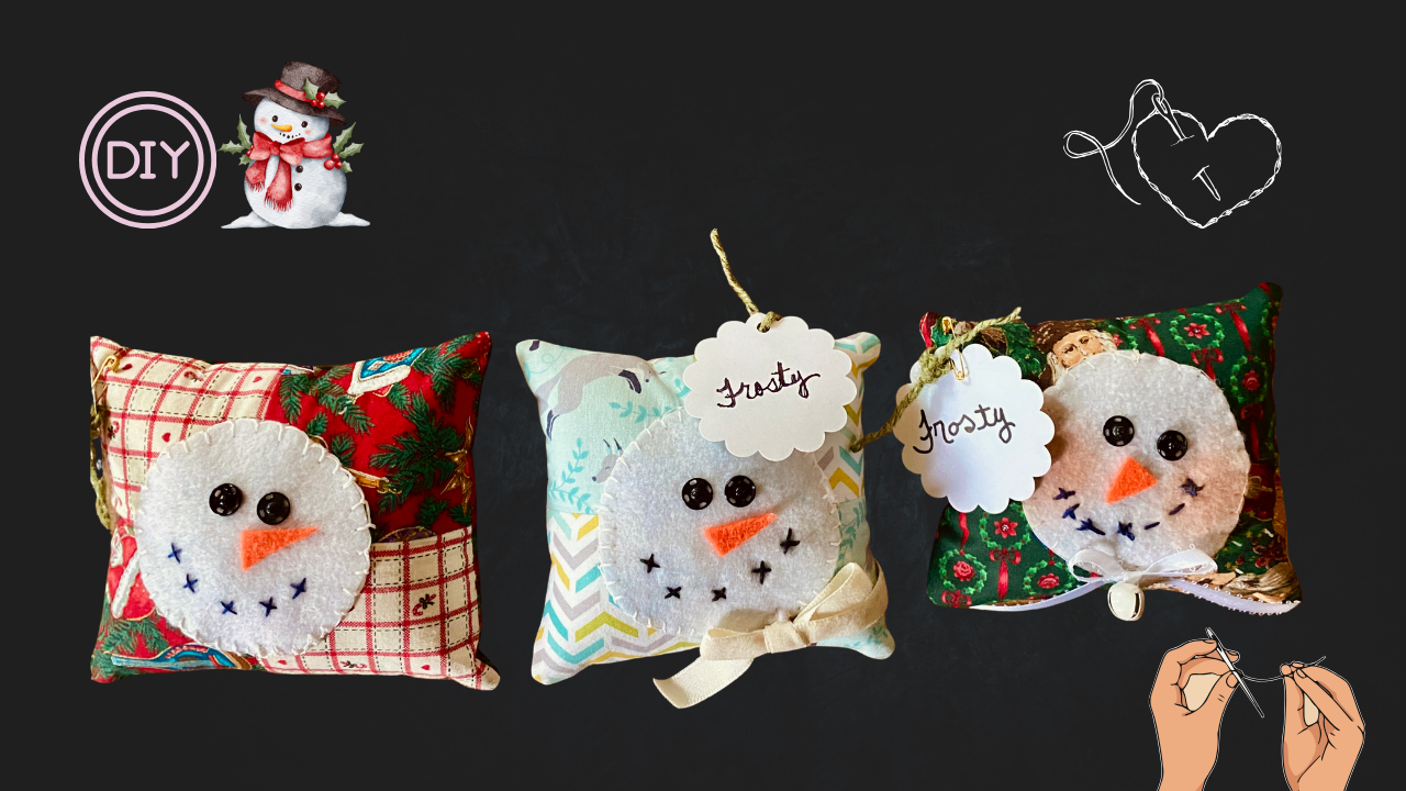 Closeup of 3 different DIY snowman decorations made from a Frosty Snowman Mini Pillow Pattern cotton fabrics, wool felt snowman face with carrot nose, snaps for eyes and embroidery for mouth and faces.