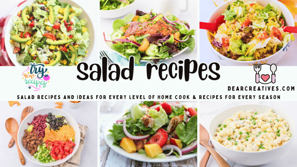A variety of Fresh vibrant green salads, macaroni salad, salads with protein and vegetarian salads, either on plates ready to be served or in salad serving bowls. 