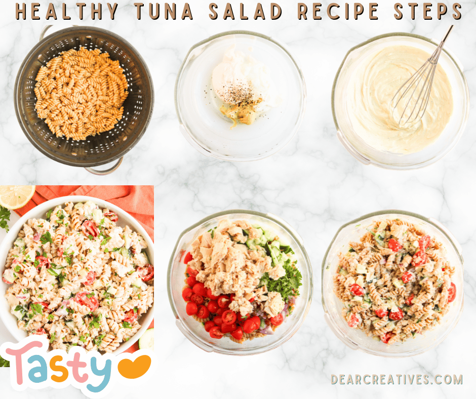 Step-by-step with images drained pasta noodles, bowl with Greek yogurt, mayo, mustard. Next, condiments mixed, tuna salad ingredients, tuna salad mixed and finished. DearCreatives.com