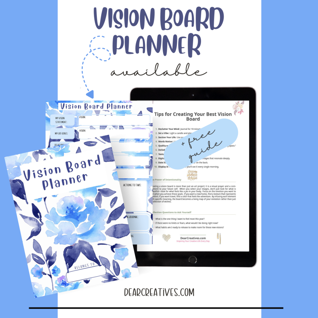 Three-page Vision Board Planner printable featuring watercolor floral designs. Includes a personalized cover sheet, a goal-setting worksheet for actions and visions, and a companion tips page for intentional planning.