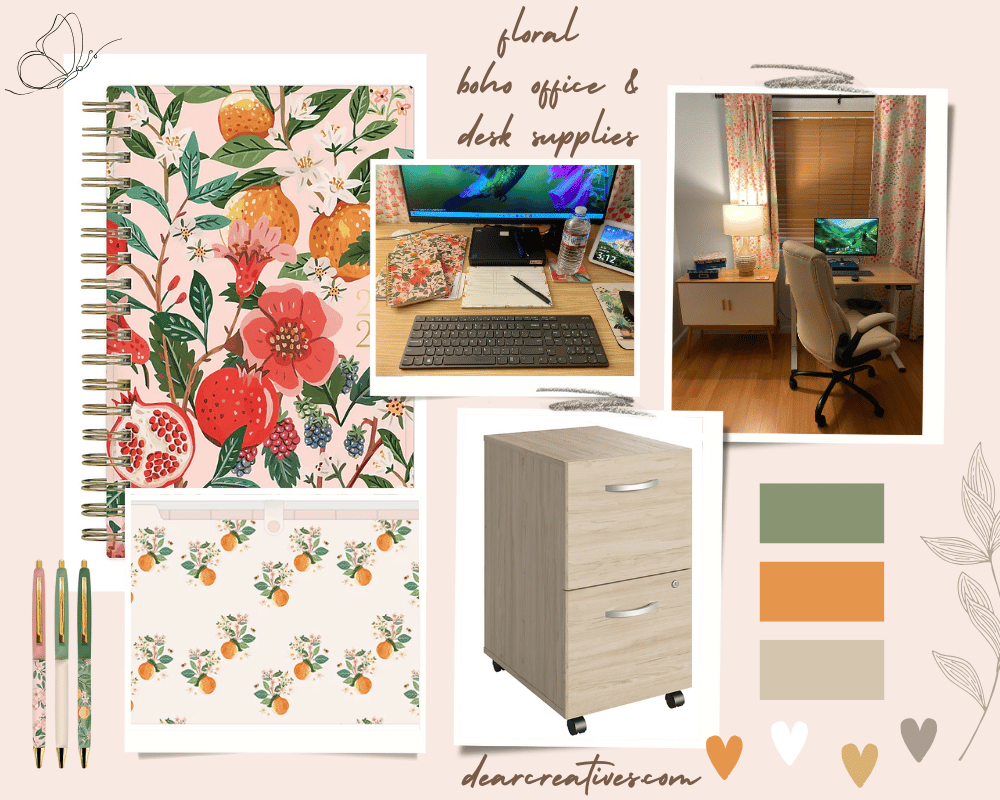 floral boho office images laid out in a style board. Also showing pretty feminine, floral, bespoke office supplies and office furniture. test overlay floral boho desk and office refresh and branding