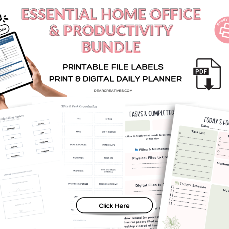 A Digital Planner Template bundle with a free desk and paperwork guide displayed on a tablet and printed labels.