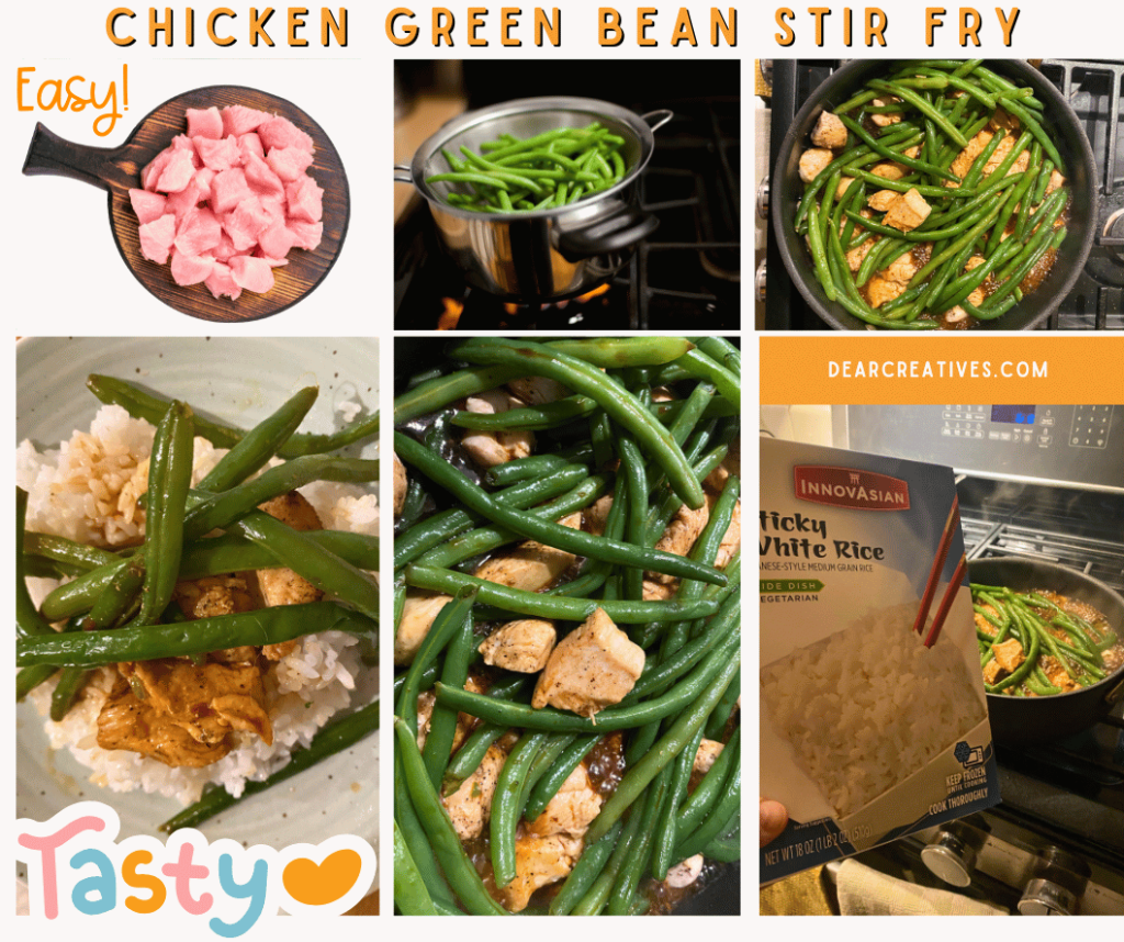 steps for cooking chicken and green bean stir fry recipe: cut up boneless, skinless chicken breast, green beans parboiling in water, stir fry cooking in pan with chicken and green beans, serving on a dinner plate cooked chicken and green beans over sticky rice.