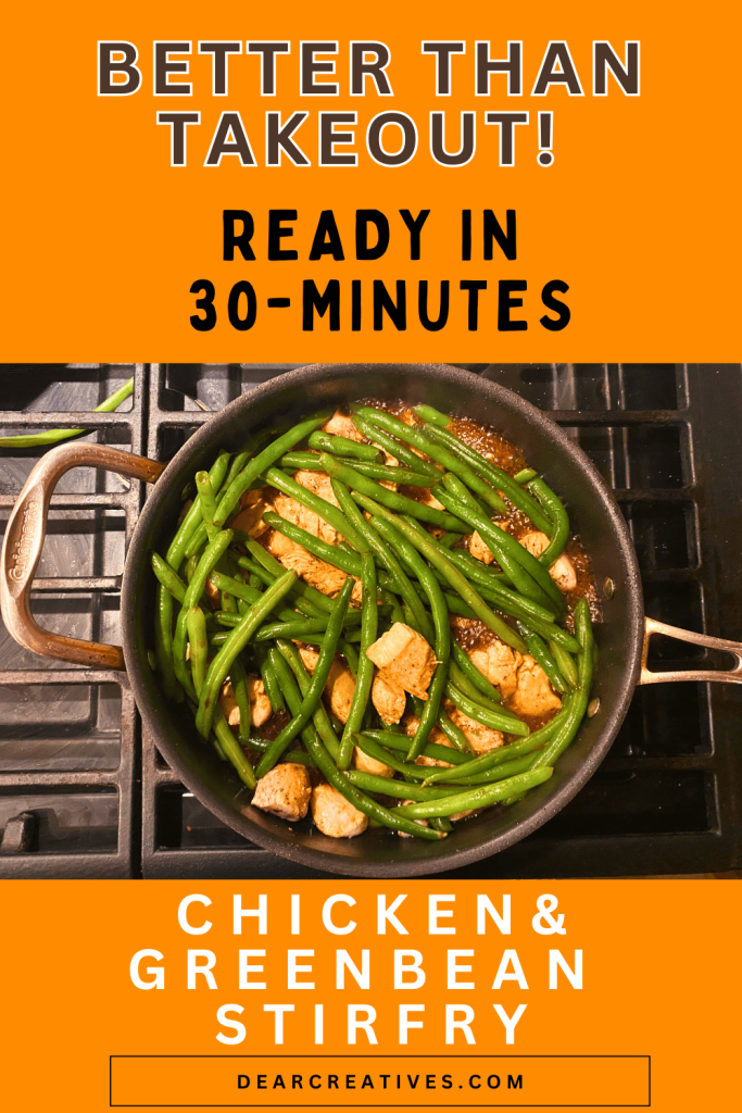 chicken and green beans in a non stick stainless steel pan with seasonings and gluten-free soy sauce, prepared and ready to serve over sticky rice. text overlay better than take out and ready in 30-Minutes