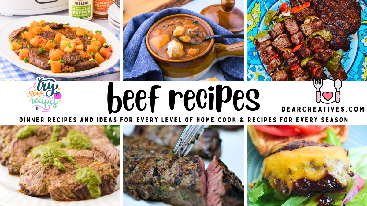 beef recipes a variety of recipes using different cuts of beef: Images of beef short ribs, classic beef stew, beef kabobs, steak or roast sliced with chimichurri sauce, grilled cheese burgers, text over lay says beef recipes for every level of home cook. Recipes for every season and occasion for dinners.