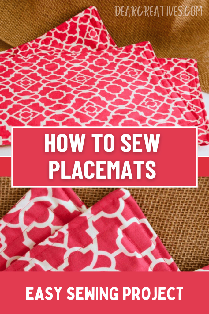 that were sewn for the table setting. Text over lay that says how to sew placemats and at the bottom easy sewing project
