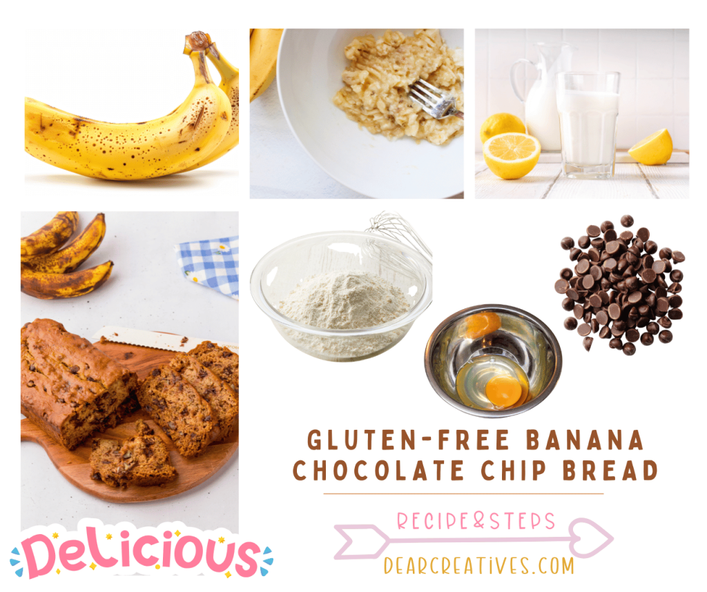 images of some of the ingredients and some of the steps for making gluten-free banana bread with chocolate chips: mashing ripe bananas, making buttermilk with lemon, gluten-free flour, egg, chocolate chips...