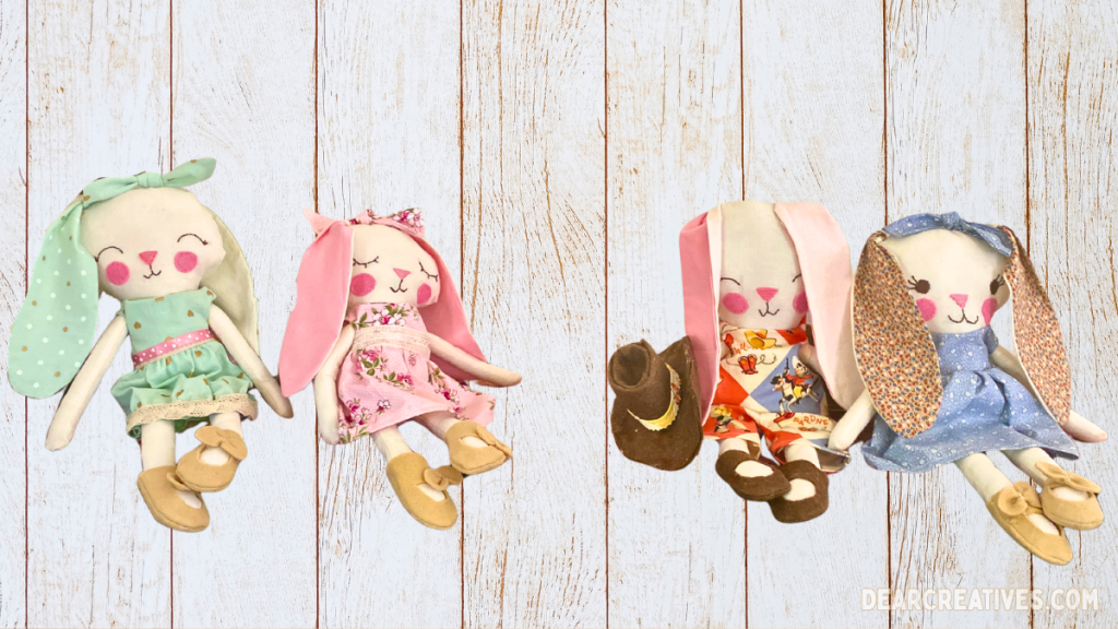 girl bunnies and a boy bunny made from the same pattern with different cotton fabrics and embellishments