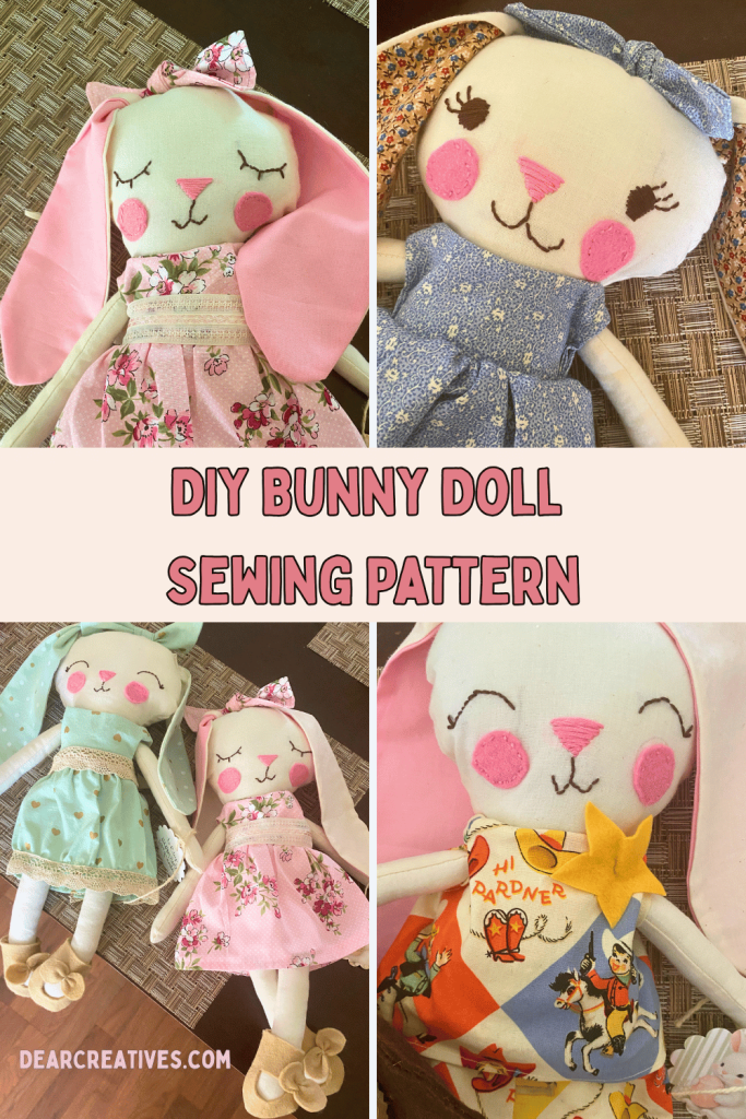 DIY fabric bunny dolls sewing pattern collage showing boy and girl dolls, close-ups and full views