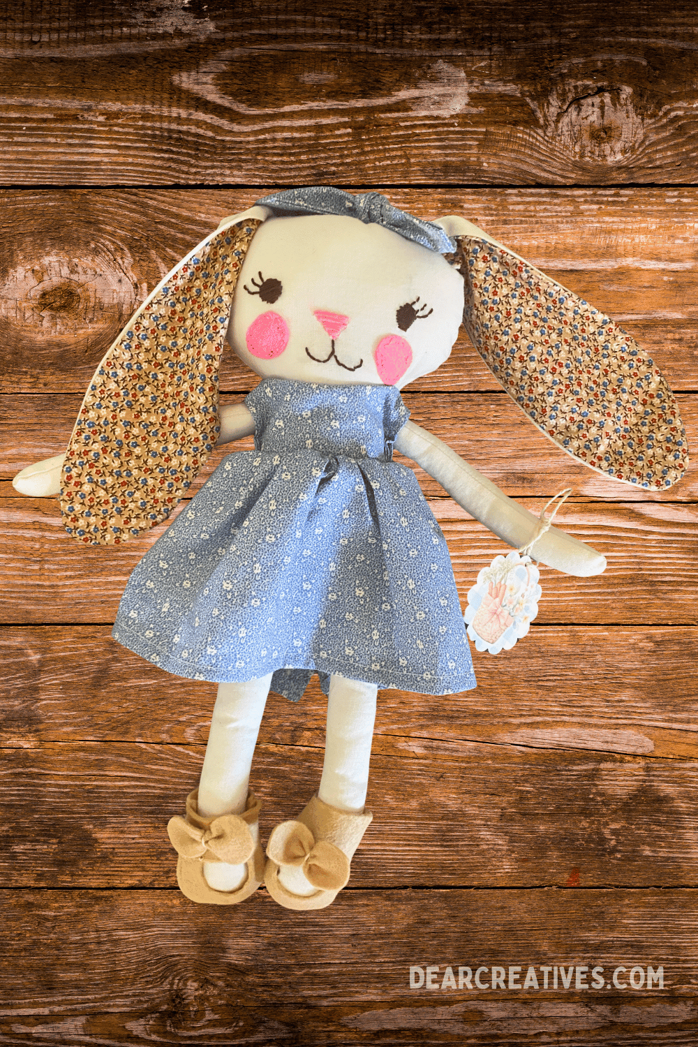 cutest finished fabric bunny doll from sewing pattern wearing handmade outfit