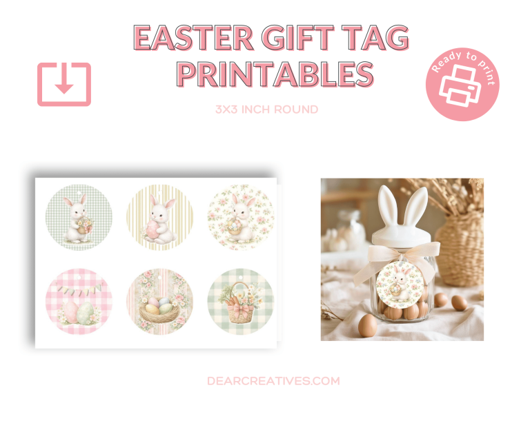 Easter gift tags printable with pastel bunnies, 6 tags per sheet with hole guide, shown as printable sheet and styled gift tag on jar, instant download.
