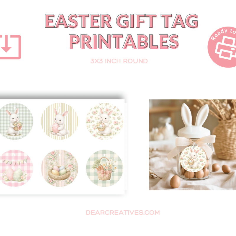 Easter gift tags printable with pastel bunnies, 6 tags per sheet with hole guide, shown as printable sheet and styled gift tag on jar, instant download.