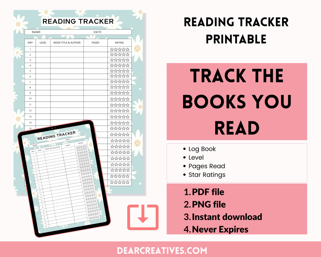 reading tracker printable book log (mockup) template and template shown on iPad