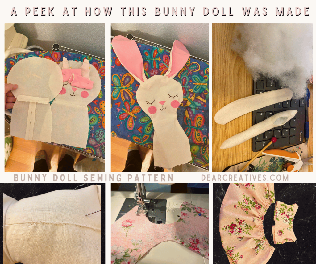 Step-by-Step images of sewing pattern adding the ears, bunny ready to be stuffed after sewing, stuffing the bunny, and making the doll outfit