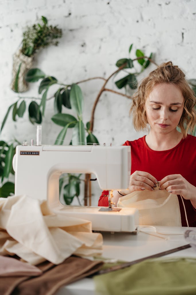 a young woman holding a beginner sewing project sitting nearby a sewing machine