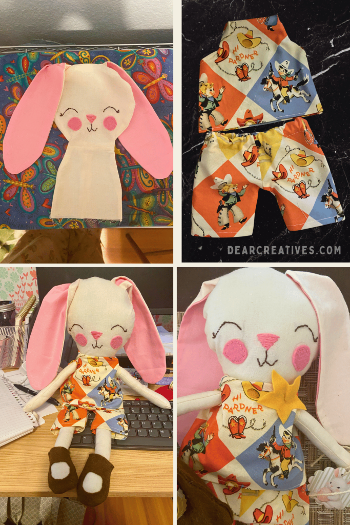 Collage showing boy bunny doll in outfit and sewing steps