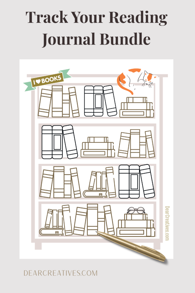 Printable reading journal bundle featuring decorative bookshelf tracker with books, cozy reading theme, and pen for tracking books read and to-be-read list.