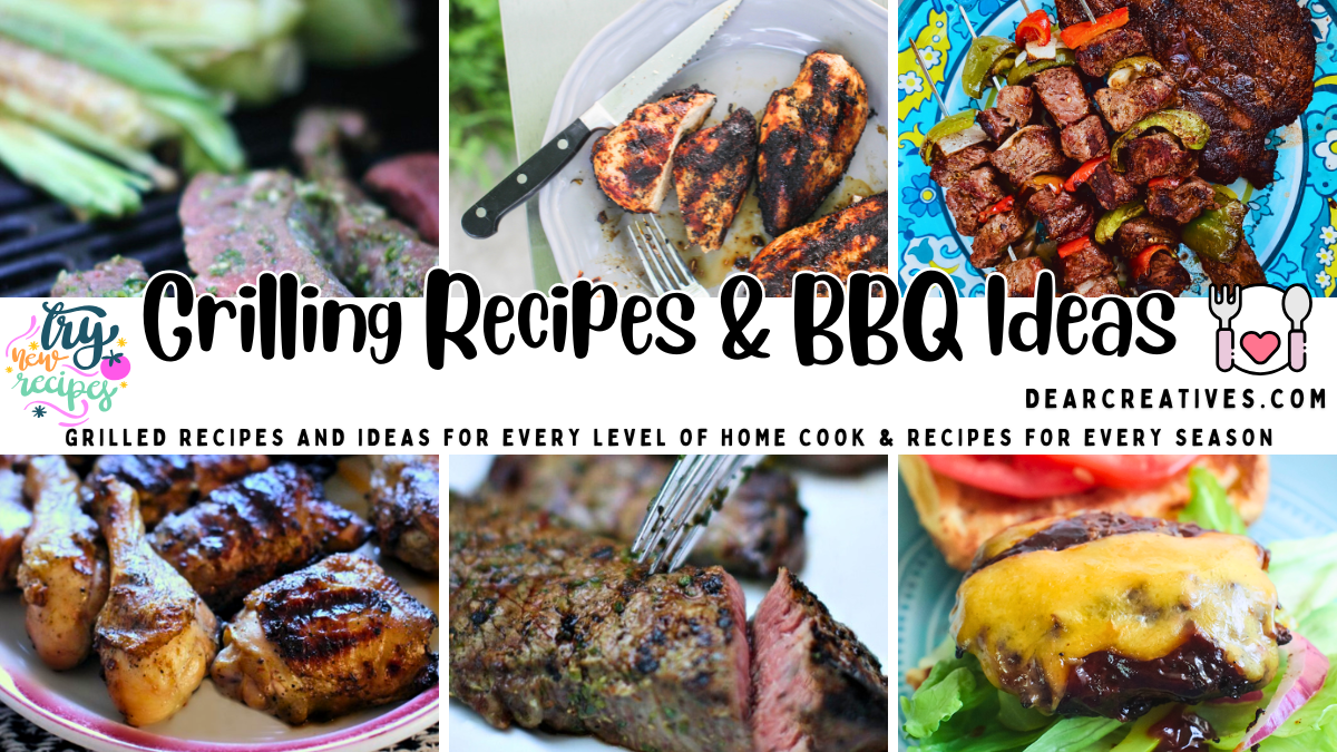 Image collage of grilled chicken, steak, burgers, and beef kabobs with text overlay “Grilling Recipes & BBQ Ideas”