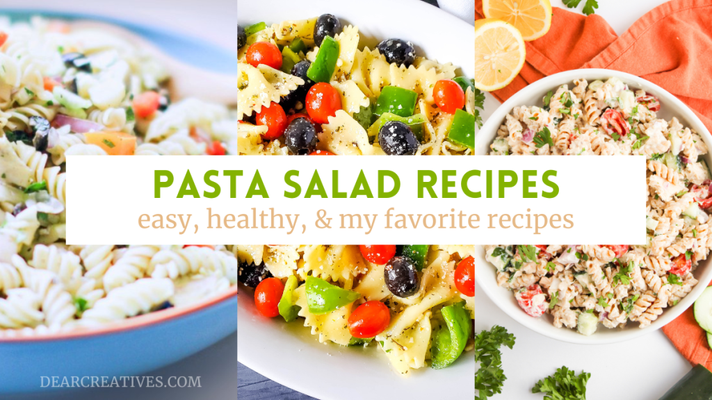 a collage with images of 3 different delicious looking pasta salads in bowls with fresh vegetables, al dente noodles of various kinds, and with and without protein such as tuna or chicken. And text overlay with Pasta Salad Recipes. png