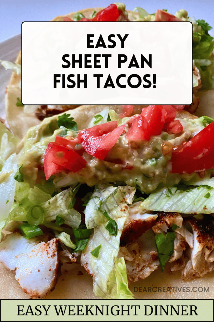 close up image of sheet pan fish tacos with fresh taco toppings and guacamole on a plate with limes 