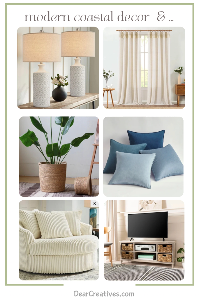 Modern coastal decor : beautiful neutral lamps, off white airy curtains, plant in a rattan or wicker woven pot, pillows in shades of blue, a round comfy chair in cream, a tv stand with wicker woven baskets…