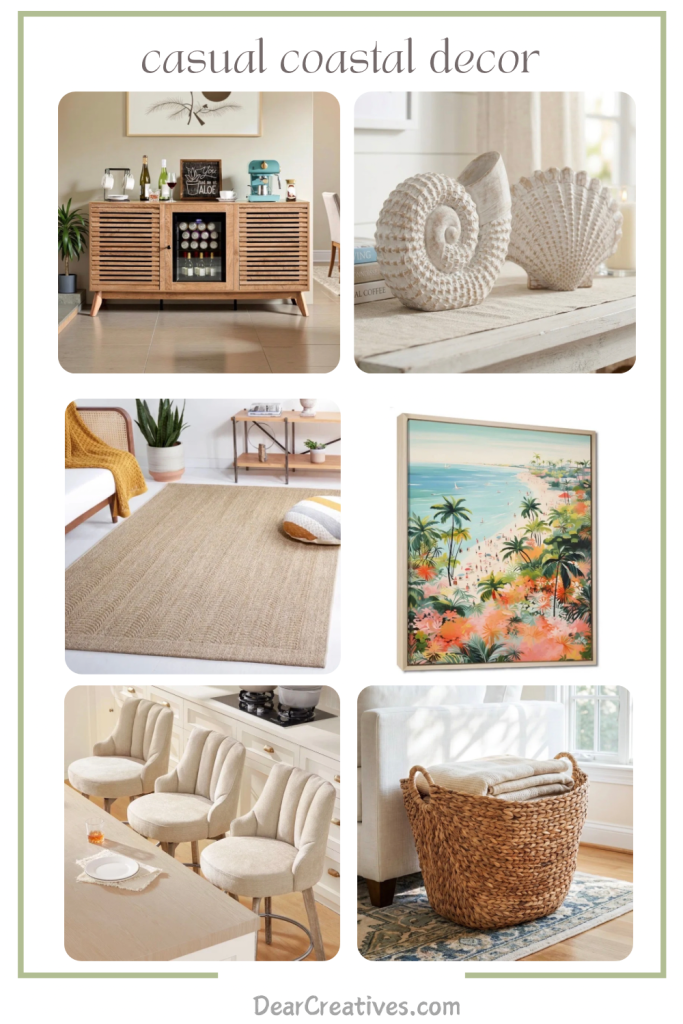 Casual coastal decor: Buffet coffee wine bar with mini fridge, sea shell decor, jute rug, coastal art print framed, bar stools chairs, large woven basket for throw blankets…