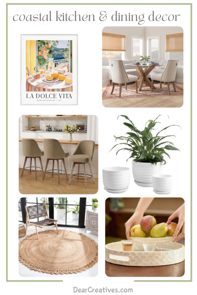 Coastal kitchen and dining decor: espresso art print framed, dining set, island swivel chairs, indoor planters in white, a round comfy jute rug, beautiful coastal serving tray made with shells or mother of pearl…