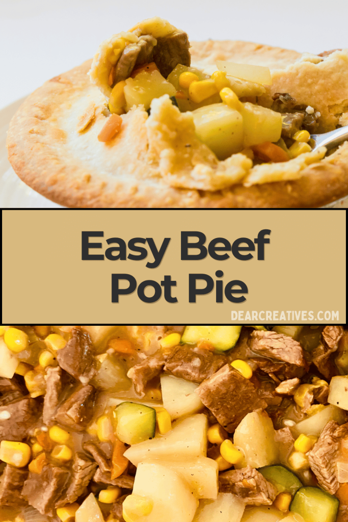 A serving of homemade beef pot pie on a plate with a fork, showing flaky pastry crust and savory beef filling. Text overlay that reads Easy Beef Pot Pie