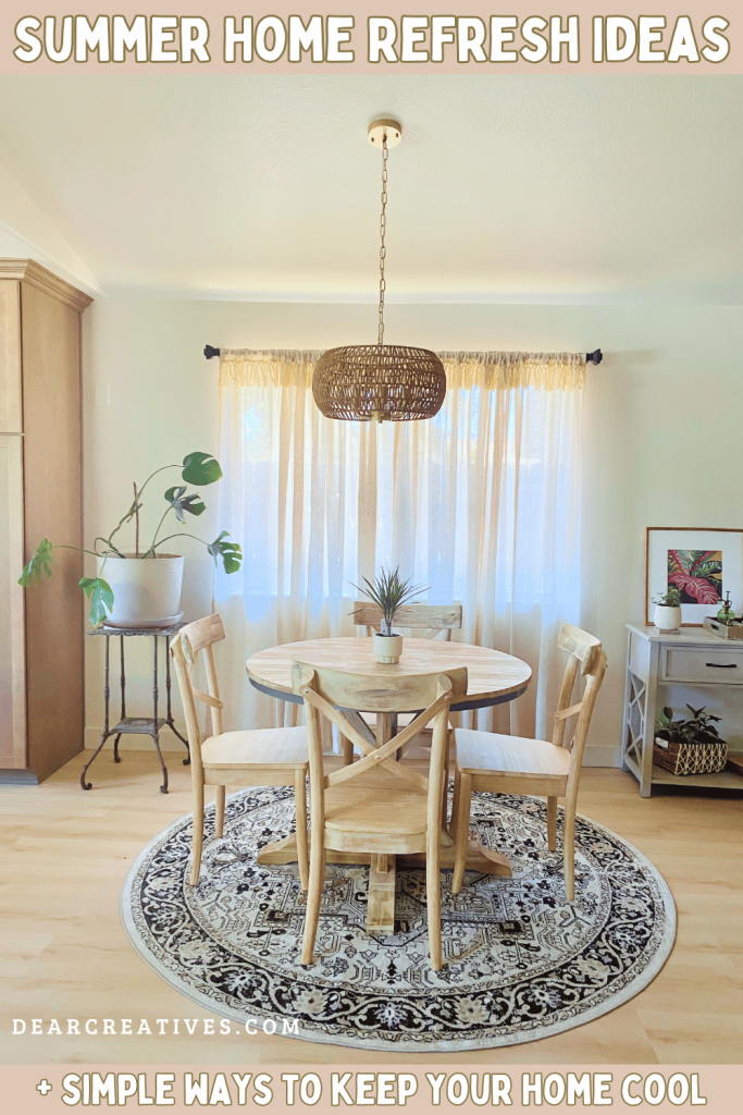 Bright coastal dining room with airy linen curtains, round wood dining table, woven round rug, and rattan pendant light creating a relaxed summer home style showing some of the easy coastal decor 