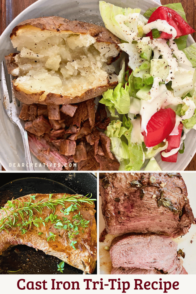 Collage of cast iron tri-tip recipe showing sliced tri-tip dinner with baked potato and salad, tri-tip roasting in cast iron skillet, and juicy sliced tri-tip ready to serve.