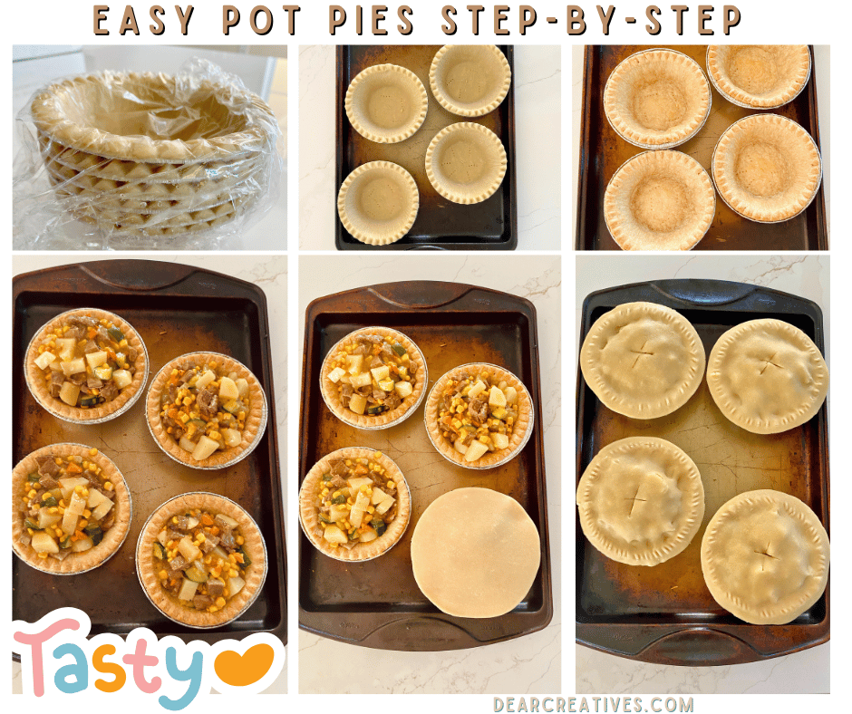 Collage showing steps for making homemade beef pot pie, including blind-baked pastry shells, filling with beef and vegetables, topping with pastry crust, and assembled pies ready to bake.
