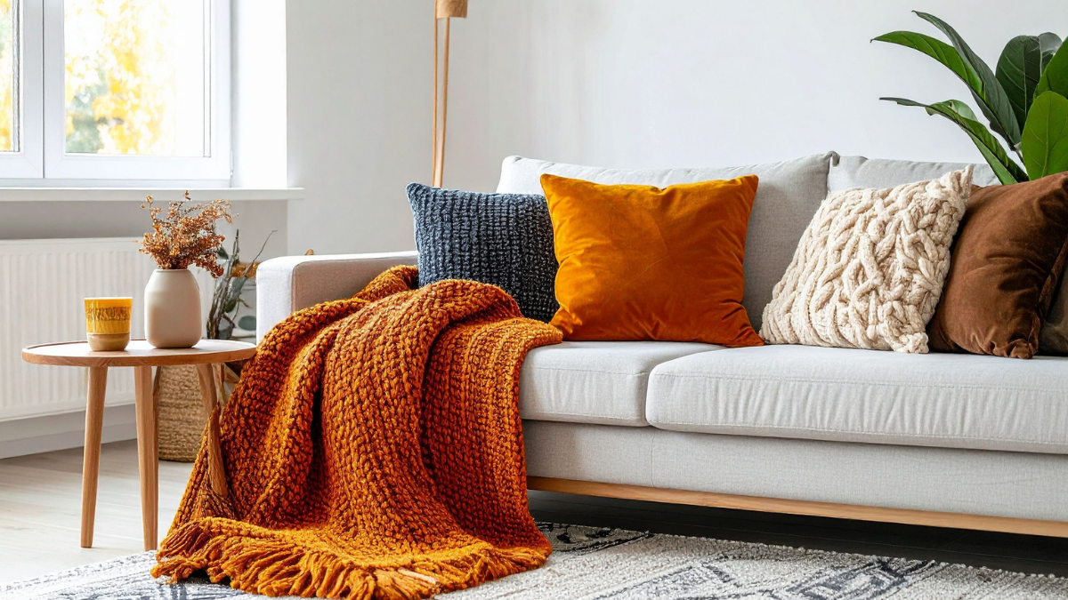 Living room sofa styled with colorful throw pillows and a warm fall throw for a late-summer-to-fall decor refresh. And a side table with dried flowers and a candle.