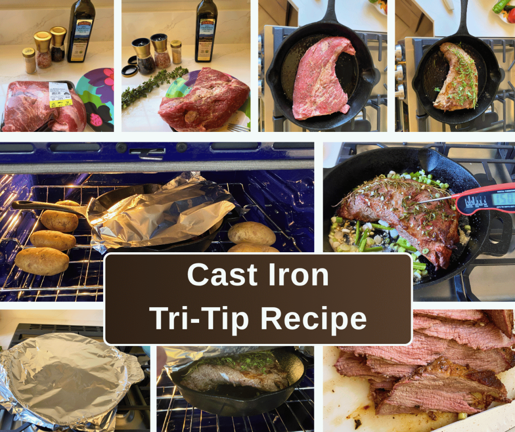 Step-by-step collage of cast iron tri-tip recipe showing ingredients, searing in skillet, oven cooking with garlic butter and peppers, resting, and sliced tri-tip ready to serve.
