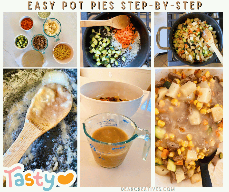 Collage showing steps for making beef pot pie filling, including sautéing vegetables, adding steak and potatoes to the pan, preparing gravy, and mixing gravy into the beef and vegetable mixture.